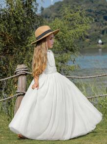 Tween Girls' White Wedding Party Dress With Petticoat And Open Back Design