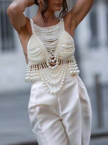 一件奢华女士珍珠装饰吊带背心，搭配优雅细肩带上衣，街头风十足，适合约会、派对、度假，也是送给女性的绝佳礼物。 - 白色 - 查看 3