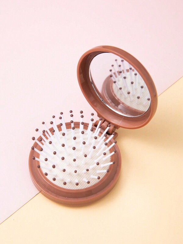 1 Stück Niedliche Milchtee-farbe Mini Tragbare Luftgepolsterte Kämme Mit Faltbarem Airbag, Massagemöglichkeit Und Spiegel Für Kinder Und Mädchen