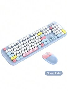 Cartoon Style Wireless Keyboard And Mouse Set, Cute And Suitable For Office And Home Use, Highly Attractive Value Retro Keyboard For Girls - Blue - View 1