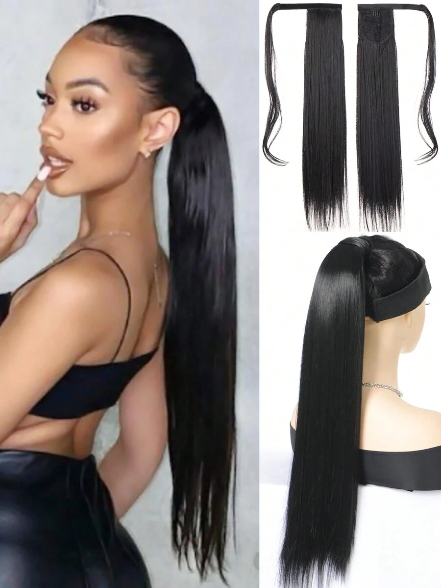 60cm Black Long Straight Ponytail Hairpieces For Women Hairstyles Synthetic Fake Ponytail Wrap Around Clip In Hair Tail - Black - View 1