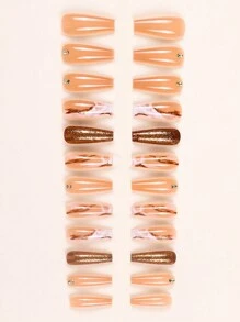 24 pièces Faux ongles ballerine longs brillants, ongles à pression de couleur nude avec imprimé marbre et strass, ongles autocollants paillettes dorées, faux ongles pleine couverture étincelants pour femmes