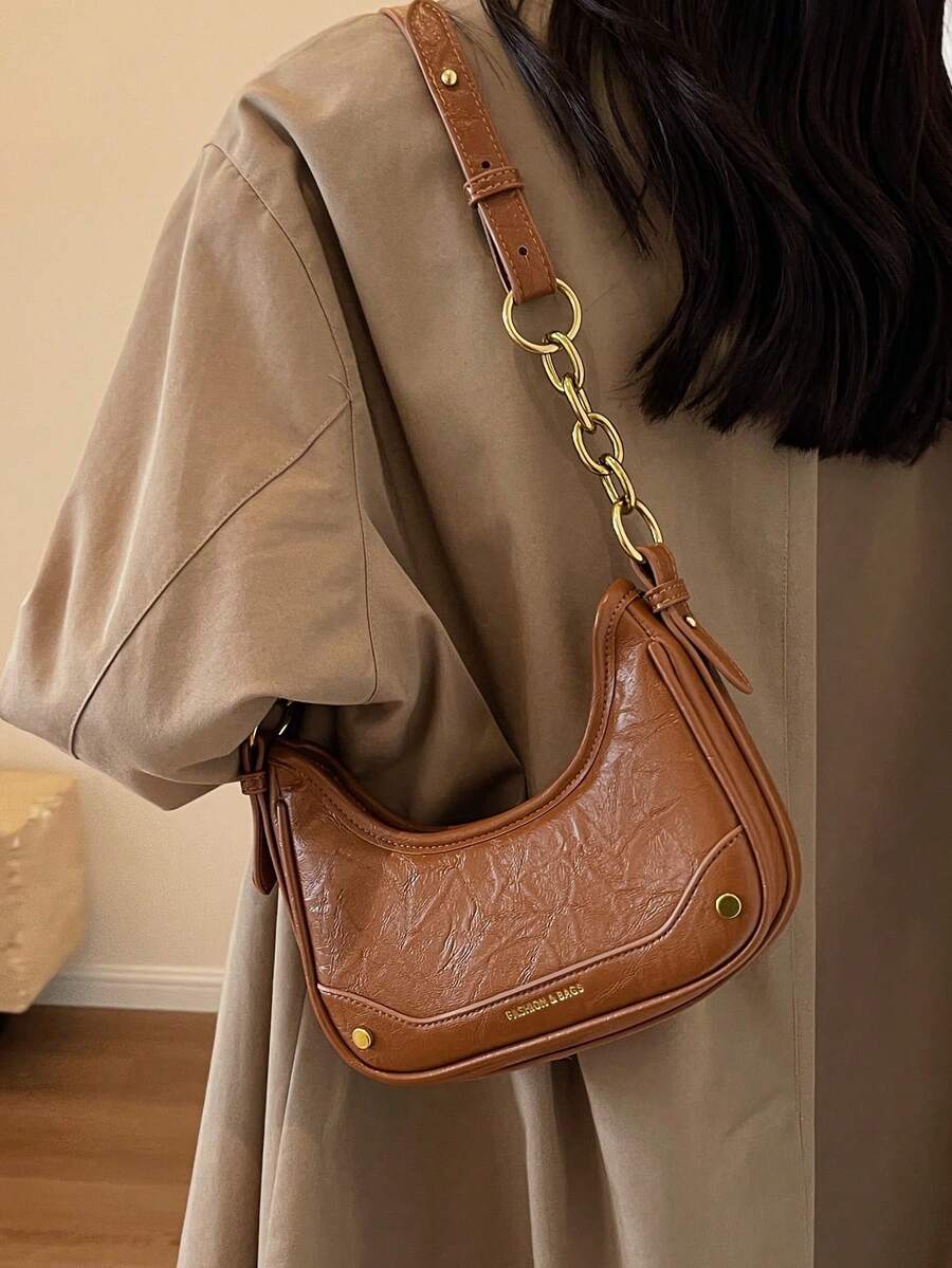 金屬拉鍊棕色pu皮革單肩包,時尚設計 - 棕色 - 查看 1