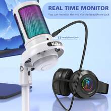 1 件白色 Njsj USB 电脑麦克风兼容 /// 智能手机，带触摸静音、RGB 氛围灯、增益旋钮和显示器插孔，适用于游戏/流媒体 - 白色 - 查看 5