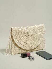 Bolso de mano de paja para mujer, bolso tipo sobre tejido, cartera cruzada, bolso de mano, bolso de hombro - Beis - Ver 3