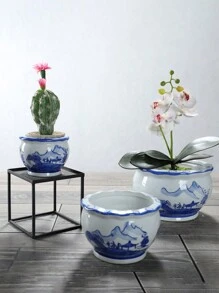 1pc Antique Chinese Style Blue And White Porcelain Ceramic Flower Pot Set For Large Succulents - White - View 3