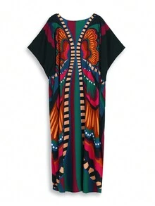 Allover Print V Neck Maxi Cover Up Dress Kaftan Vacation Summer