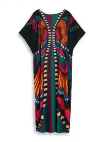 Vestido tipo kaftan estampado all over, escote en V, largo hasta los pies, para cubrir el vestido, ideal para vacaciones de verano