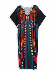 Allover Print V Neck Maxi Cover Up Dress Kaftan Vacation Summer