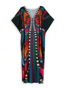 Vestido tipo kaftan estampado all over, escote en V, largo hasta los pies, para cubrir el vestido, ideal para vacaciones de verano
