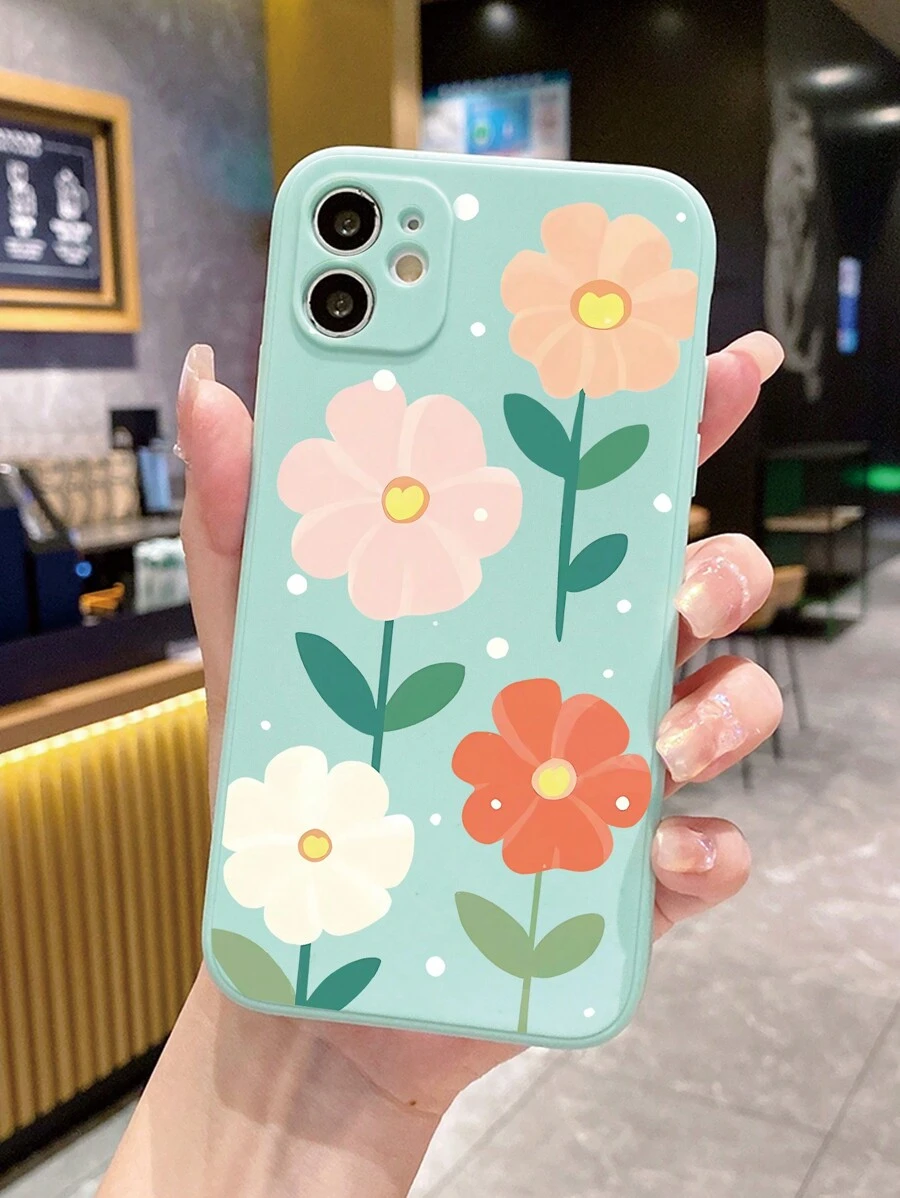 1 件多色大花朵圖案淺藍色直邊手機殼兼容 Apple/samsung/xiaomi/redmi/vivo/oppo A16 - 青碧色 - 查看 1