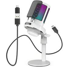 1 件白色 Njsj USB 电脑麦克风兼容 /// 智能手机，带触摸静音、RGB 氛围灯、增益旋钮和显示器插孔，适用于游戏/流媒体 - 白色 - 查看 2