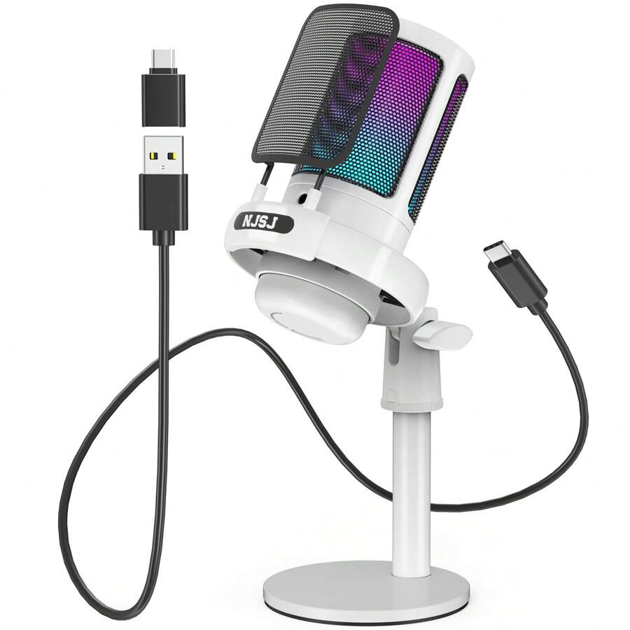 1 件白色 Njsj USB 电脑麦克风兼容 /// 智能手机，带触摸静音、RGB 氛围灯、增益旋钮和显示器插孔，适用于游戏/流媒体