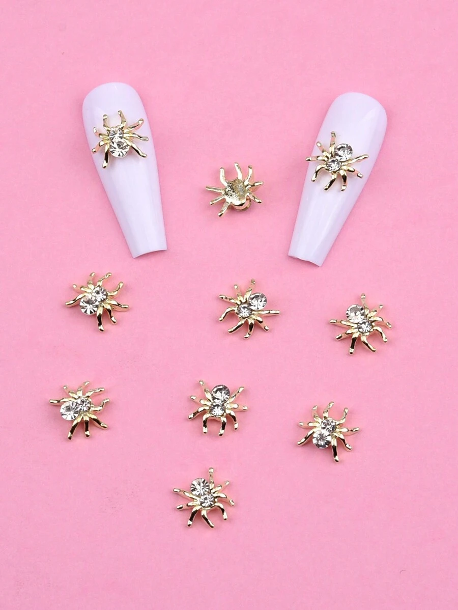 10 件万圣节指甲装饰饰品水钻蜘蛛形金色水晶 3D 指甲首饰适用于万圣节 DIY 工艺品 - 金色 - 查看 1