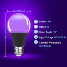 1入/2入12w Led紫外線灯泡,ac 85-265v,uva級別385-400nm,可在萬聖節、聖誕節、生日派對、螢光海報、身體彩繪、水族館、家居裝飾等場合發光 - 彩色 - 查看 3