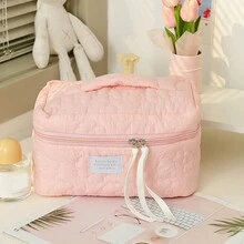 1 件大號粉色米色花朵圖案化妝包,糖果色可愛便攜式手提包,大容量旅行存儲,盥洗用品收納袋 - 粉色 - 查看 9