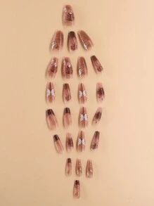 24入組長棺材形狀的人造指甲，附1塊指甲檔和1塊果凍膠壓克力指甲補給品 - 彩色 - 查看 3