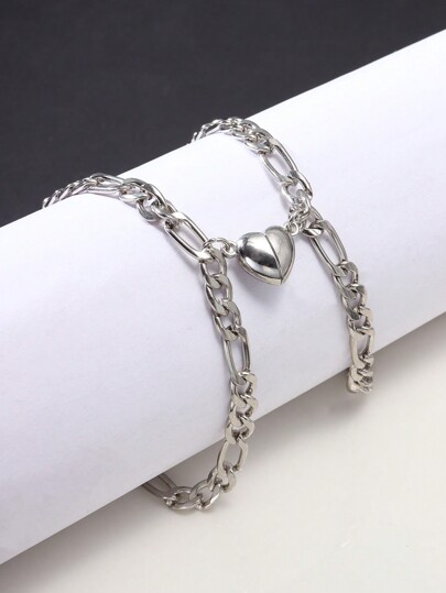 2pcs/Set Heart Shape Stainless Steel Magnetic Couples Bracelet Set, Best Friends Heart Bracelets Valentines