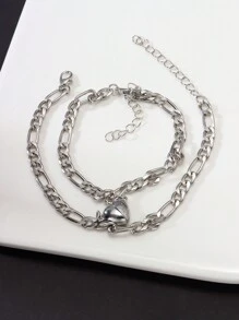 2 件/套心形不锈钢磁性情侣手链套装，最佳朋友心形手链情人节 - 銀色 - 查看 3