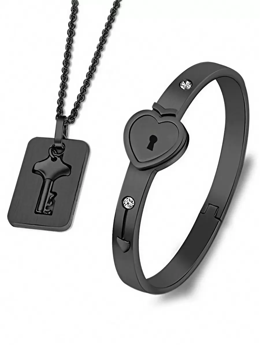 锁手链和钥匙项链 - 钛钢情侣首饰，情人节、生日、圣诞节、婚礼、周年纪念、妈妈、母亲、母亲节、礼物的浪漫礼物