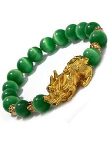 1 件 3 色猫眼石貔貅串珠弹性手链、猫眼石和玉石串珠手链、DIY 水晶和玛瑙圆珠貔貅手链、黑曜石时尚精致情侣手链 - 綠色 - 查看 1