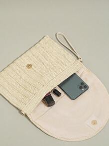 Bolso de mano de paja para mujer, bolso tipo sobre tejido, cartera cruzada, bolso de mano, bolso de hombro - Beis - Ver 7