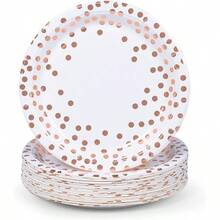 Plato De Papel Desechable De 9 Pulgadas Con Puntos Blancos Y Dorados Rosa - Blanco - Ver 1