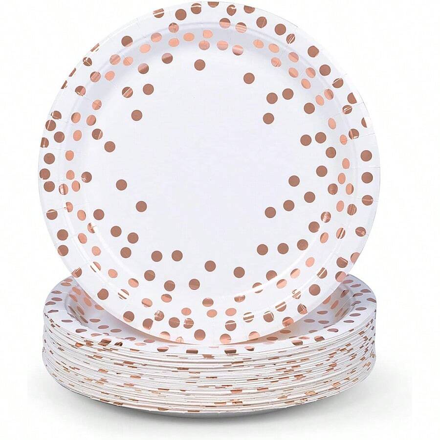 Plato De Papel Desechable De 9 Pulgadas Con Puntos Blancos Y Dorados Rosa - Blanco - Ver 1