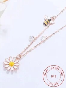 1入組玫瑰金鍍S925純銀可愛&甜美風蜜蜂&雛菊吊墜項鍊適合女士,時尚度假風格,節日首飾類禮品 - 玫瑰金 - 查看 3