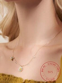 1入組玫瑰金鍍S925純銀可愛&甜美風蜜蜂&雛菊吊墜項鍊適合女士,時尚度假風格,節日首飾類禮品 - 玫瑰金 - 查看 1