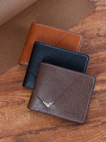 HOVI'S 男士錢包男性短款鈔票夾男青年簡約時尚多卡設計荔枝紋水平拼接pu皮夾 - 卡其色 - 查看 1