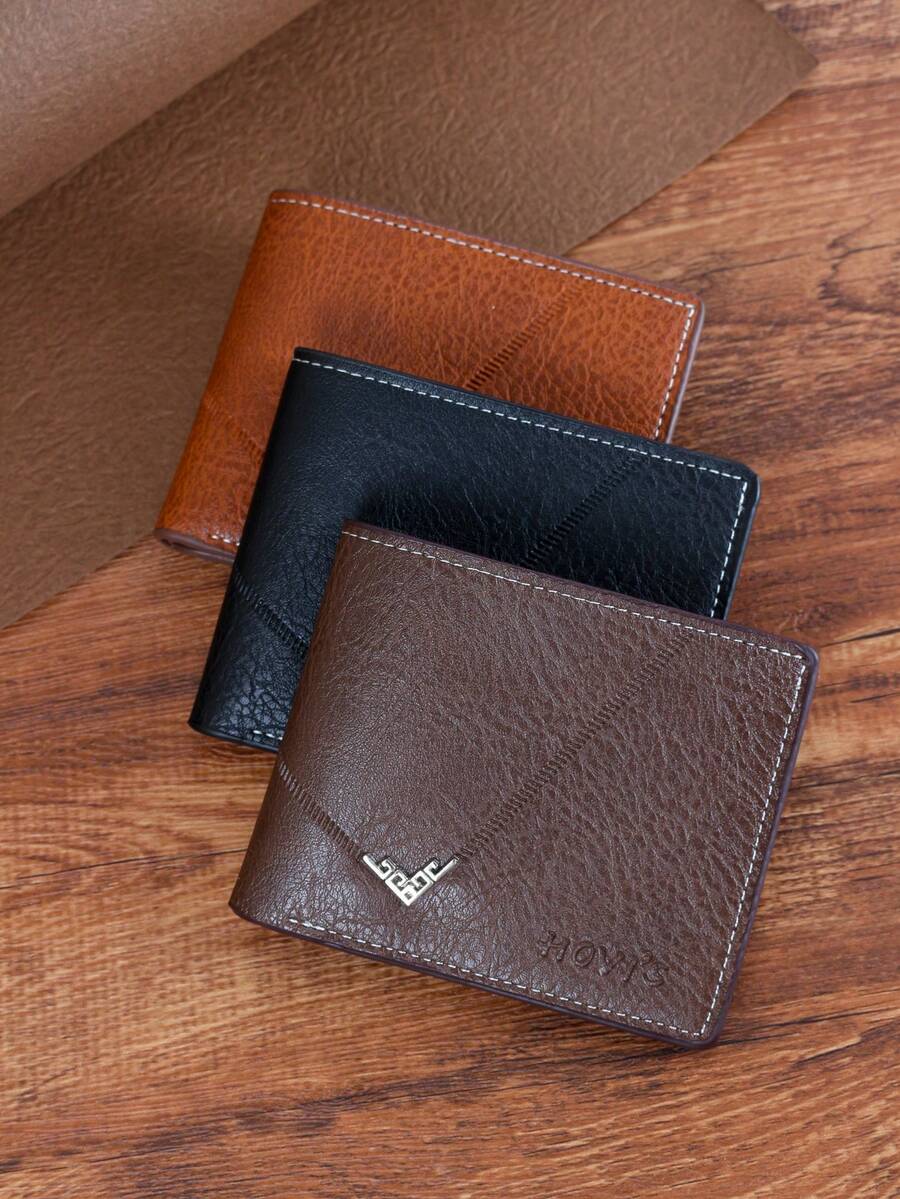 HOVI'S 男士錢包男性短款鈔票夾男青年簡約時尚多卡設計荔枝紋水平拼接pu皮夾 - 卡其色 - 查看 1