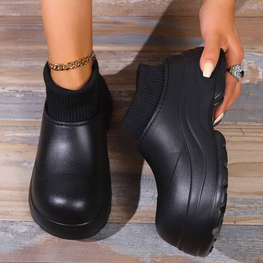 防水女士室內厚底拖鞋,適合秋冬保暖,舒適,防滑,黑色