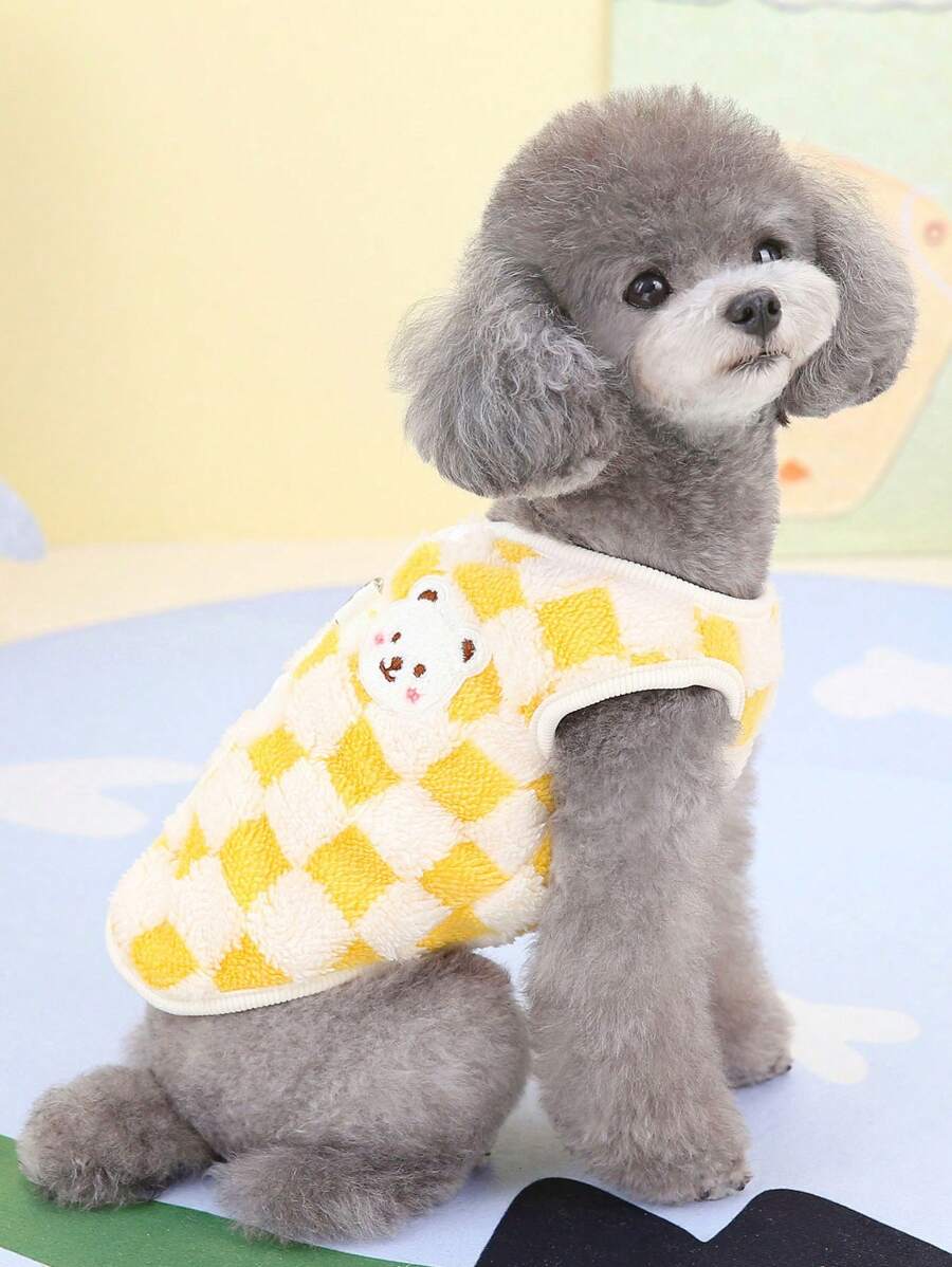 1pc Coral Fleece Yellow Plaid With Bear Pattern Dog Vest Harness Jacket
