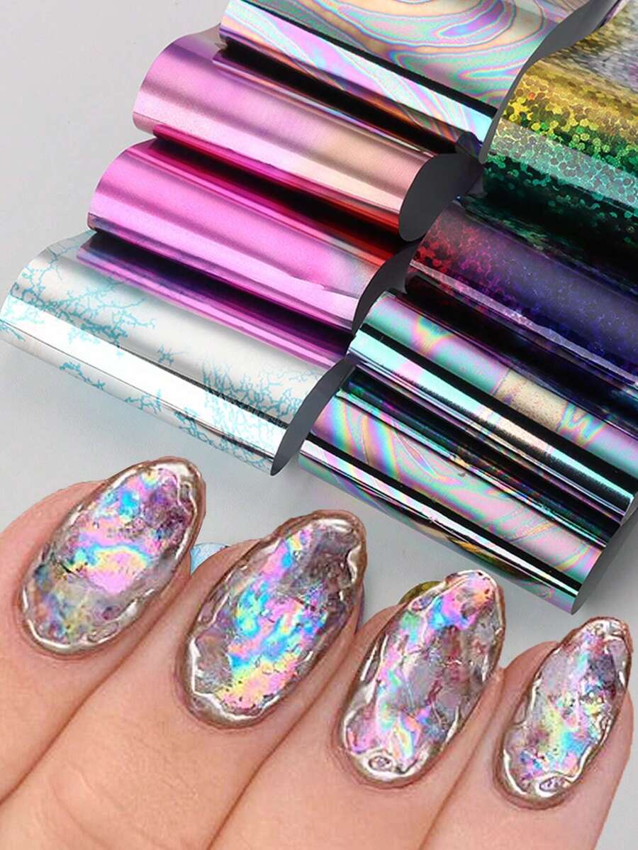 10 miếng dán móng tay hiệu ứng hologram, decal trang trí móng tay đổi màu dạng tắc kè hoa, màu vàng đồng và đồng thau, tự làm móng. - Nhiều màu - Xem 1