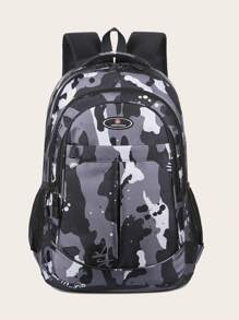Camouflage Pattern Letter Patch Large Capacity Multi-pocket Zipper Closure Fashionable Waterproof Backpack With Double Shoulder Straps, Durable Casual Student Bag - Grey - View 1