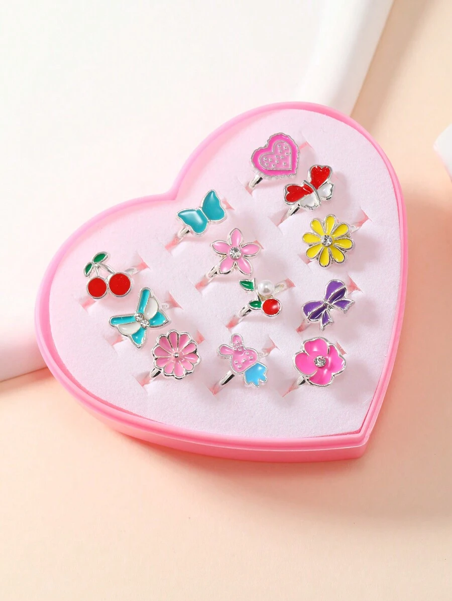 1 Bộ/12 Điều Chỉnh Hợp Kim Hoa Bướm Anh Đào, Nhẫn Hình Trái Tim Nhỏ Giọt Dầu Tác Dụng Cho Bé Gái - Nhiều màu - Xem 1