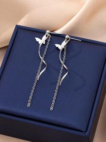 1pair Metallic Tassel Chain Butterfly Pendant Drop Earrings Wedding Gift - Silver - View 2