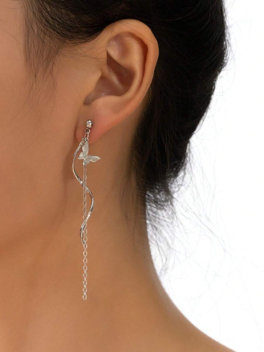 1pair Metallic Tassel Chain Butterfly Pendant Drop Earrings Wedding Gift - Silver - View 1