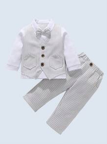 BOARNSEORL 2 件套男婴绅士服装套装，长袖衬衫配领结和裤子，时尚帅气，适合生日派对、婚礼、周年庆典 - 白色 - 查看 3