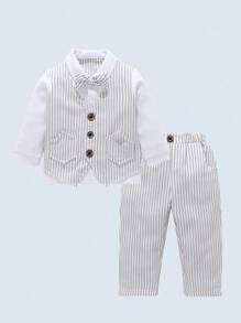 BOARNSEORL 2 件套男婴绅士服装套装，长袖衬衫配领结和裤子，时尚帅气，适合生日派对、婚礼、周年庆典 - 白色 - 查看 2