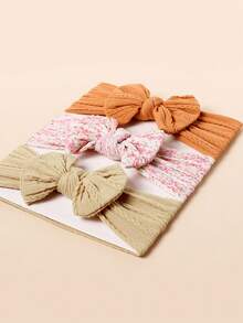 3入組兒童/嬰兒柔軟透氣的尼龍蝴蝶結頭帶,花卉印花 - 卡其色 - 查看 2