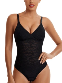 1pc Women's Black Sexy V-Neck Body Shaper With Tummy Control And Thong Bottom, Breathable,Quick-Drying,Absorbs Sweat - Black - View 1