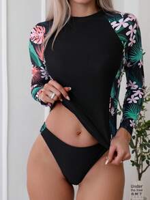 Women's Two-Piece Swimwear, Black Floral Long Sleeve Tankini, Split Swimwear, Sporty Surfing Suit