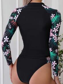 Women's Two-Piece Swimwear, Black Floral Long Sleeve Tankini, Split Swimwear, Sporty Surfing Suit