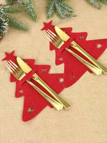 12 piezas Porta cubiertos en forma de mini árbol de Navidad de fieltro, bolsas decorativas para la mesa navideña, Navidad - Rojo - Ver 5