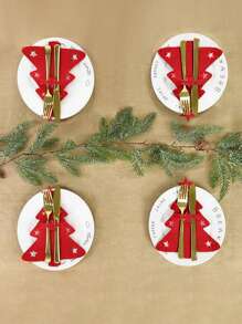 12 piezas Porta cubiertos en forma de mini árbol de Navidad de fieltro, bolsas decorativas para la mesa navideña, Navidad - Rojo - Ver 4