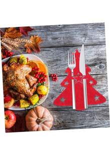 12 piezas Porta cubiertos en forma de mini árbol de Navidad de fieltro, bolsas decorativas para la mesa navideña, Navidad - Rojo - Ver 3