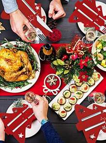 12 piezas Porta cubiertos en forma de mini árbol de Navidad de fieltro, bolsas decorativas para la mesa navideña, Navidad - Rojo - Ver 6