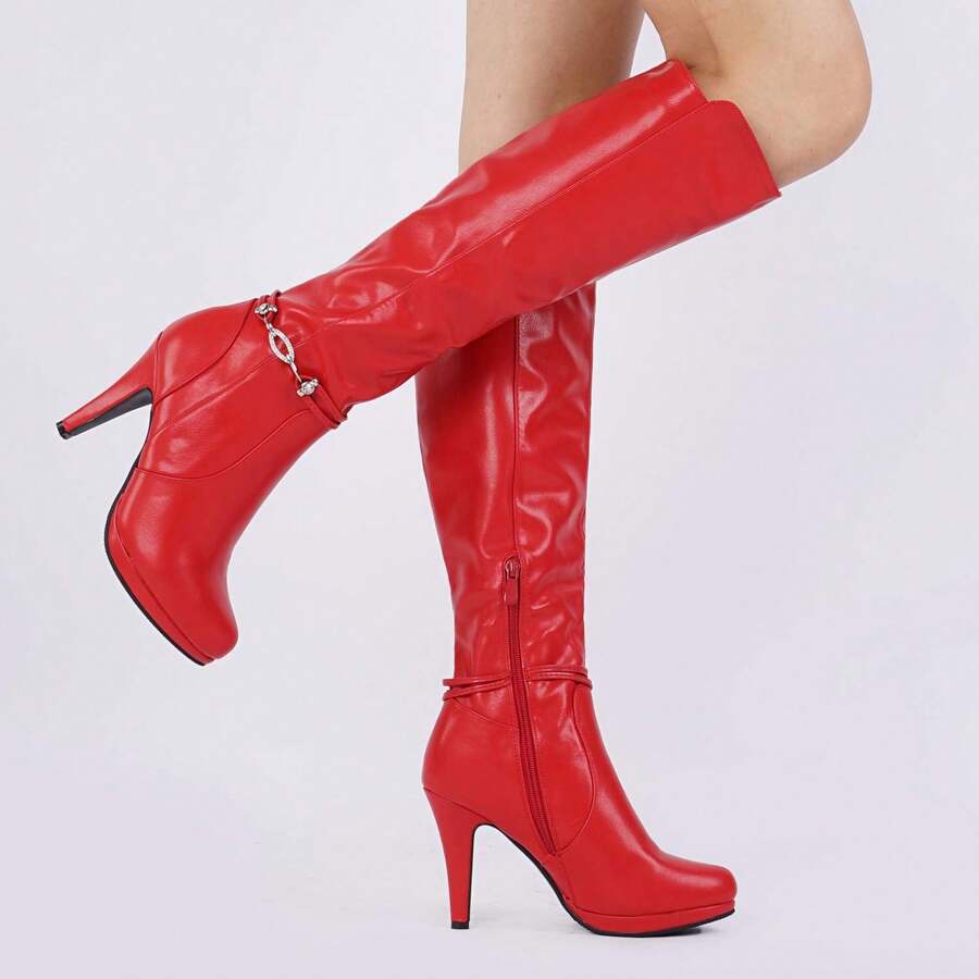 Women's Milann Black Knee High High Heel Boots - 紅色 - 查看 1